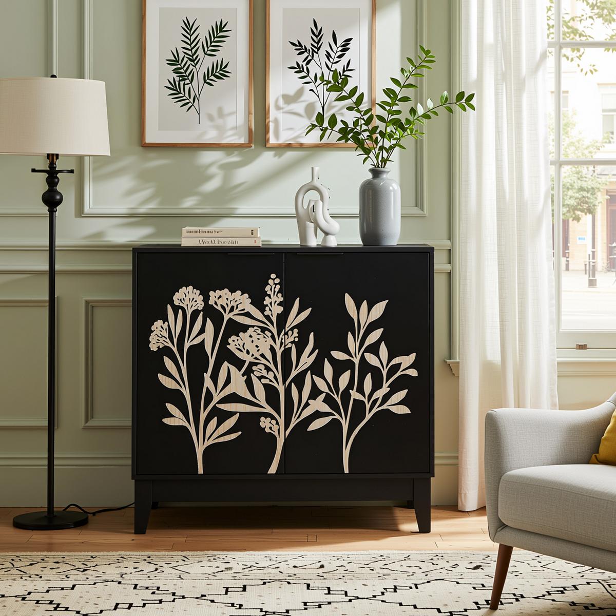 SIDEBOARD 80 cm Schwarz MDF mit 2 Türen, geschnitzter Front und verstellbaren Regalen - Schwarz, Holzwerkstoff (80/76/38cm) - Urban Meuble