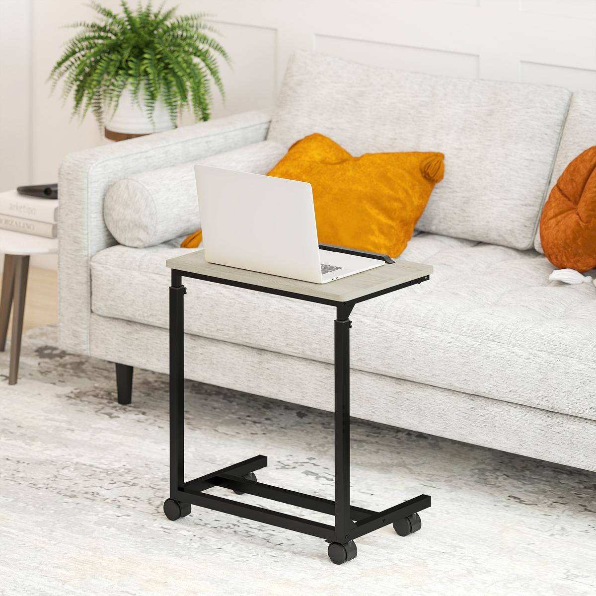 BEISTELLTISCH in C-Form, Höhenverstellbarer Couchtisch mit Rollen Weiß - Eichefarben, Metall (55/36/82.5cm) - HOMCOM