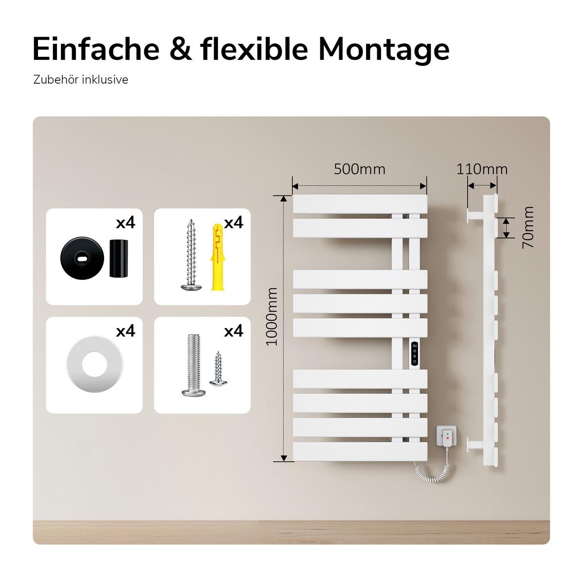 HEIZKÖRPER Elektrisch WLAN Thermostat Weiß Rechtsanschluss 100/50 cm - Weiß, Metall (50/100/11cm) - EMKE