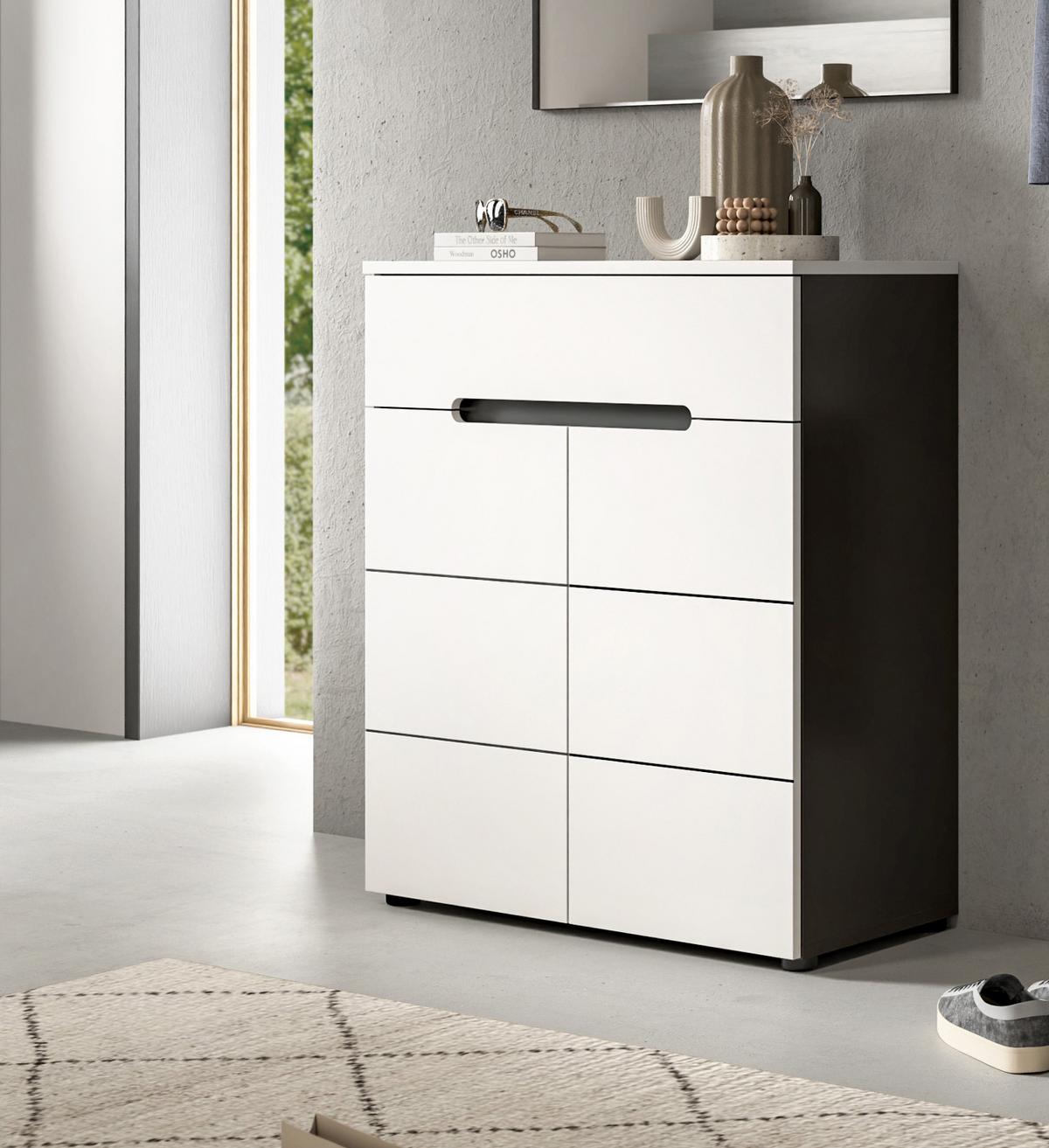 SCHUHKOMMODE weiß, grau, Flurkommode 80 x 94 cm, Vollauszug und Soft-Close - Schwarz/Weiß, Holzwerkstoff/Kunststoff (80/94/37cm) - Inn.Furn