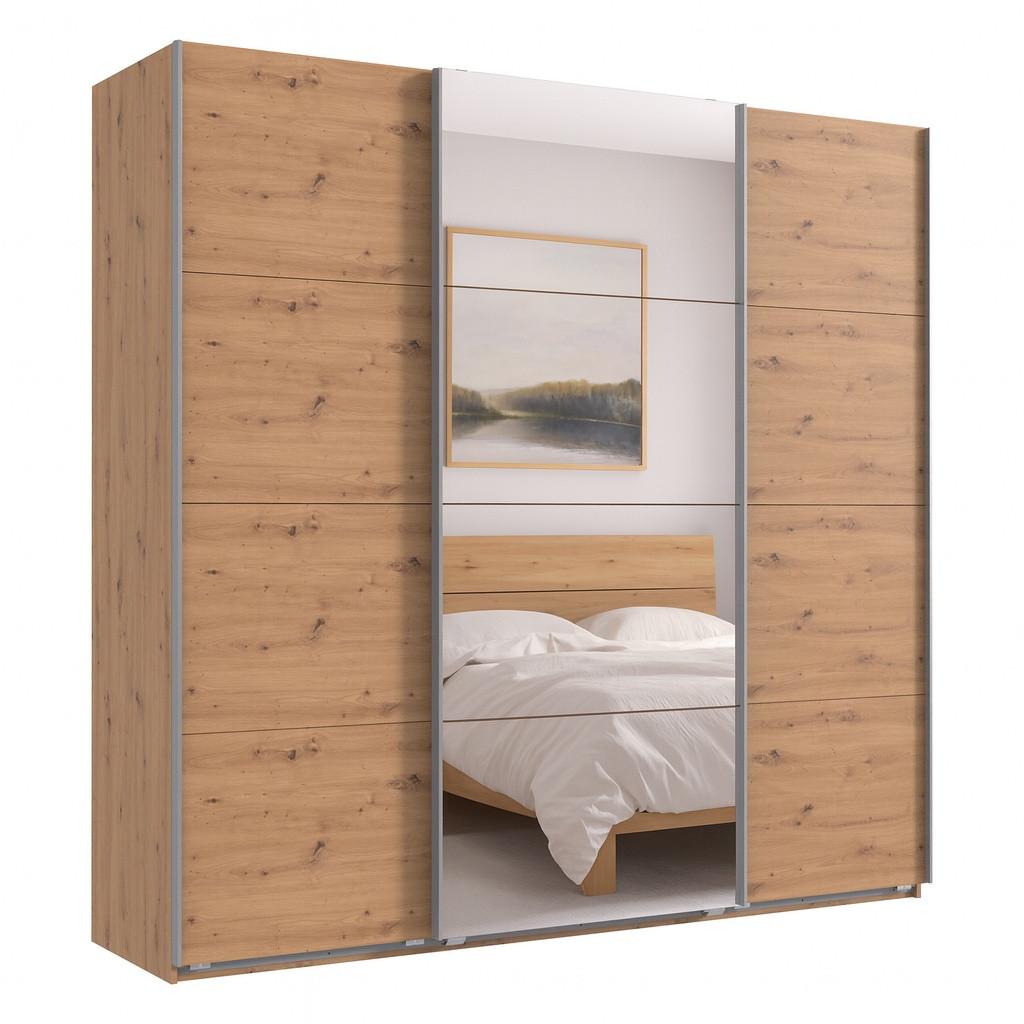 SCHWEBETÜRENSCHRANK 3-türig B225/H236/T64 cm extrahoch in Eiche Artisan Dekor, Kleiderschrank mit einer Spiegeltür / 22540 - Eichefarben/Goldfarben, Holzwerkstoff/Metall (225/236/64cm) - luma-home