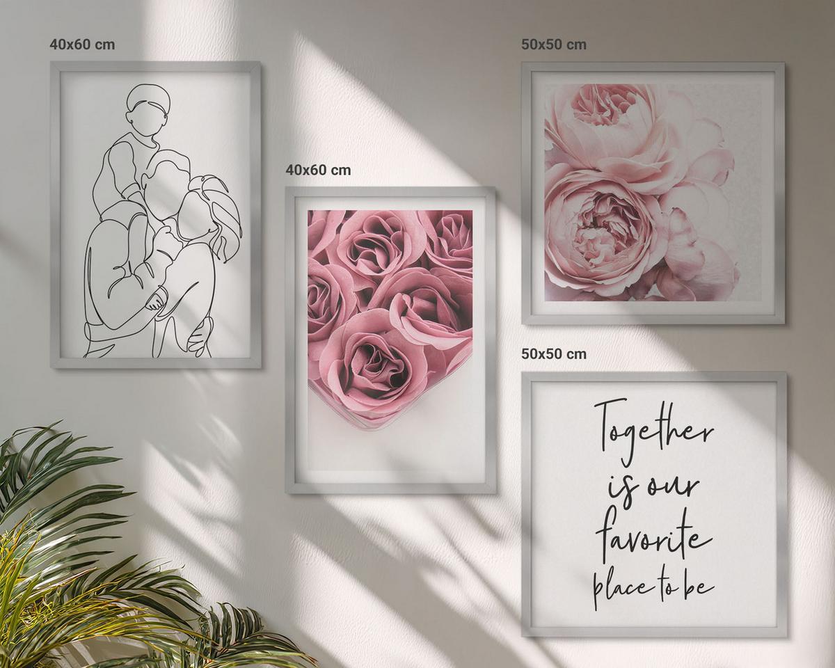 BILDER SET 4er Set - 50x50 cm & 40x60 cm Silberner Rahmen - Rosensträuße als Familienzeichnung - Silberfarben, Kunststoff (50/50cm) - TULUP