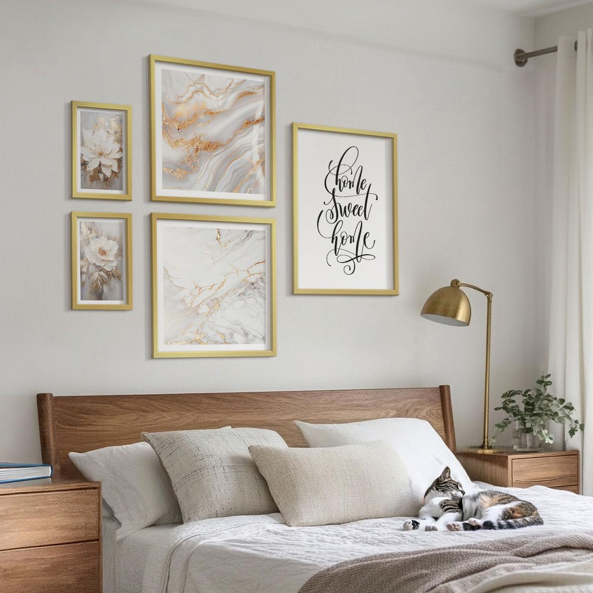BILDER SET 5er Set - 50x50 cm & 20x30 cm & 40x60 cm Goldrahmen - Porträt von Blumen in intensiven Farben - Goldfarben, Kunststoff (40/60cm) - TULUP