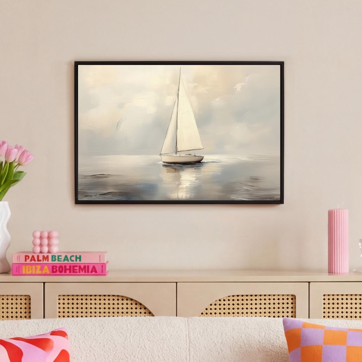 LEINWAND Bilder mit Rahmen - Segelschiff - Meer - Bewölkt - 60x40 - Creme, Textil (60/40cm) - MuchoWow