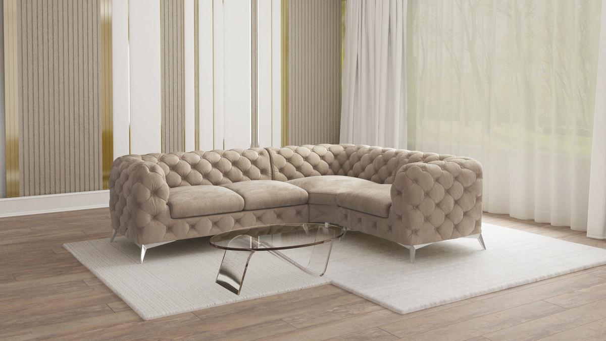ECKSOFA Chesterfield Laura Dunkle Creme Samt, Ottomane rechts - Silberfarben/Creme, Holz/Textil (264/204cm) - S-Style