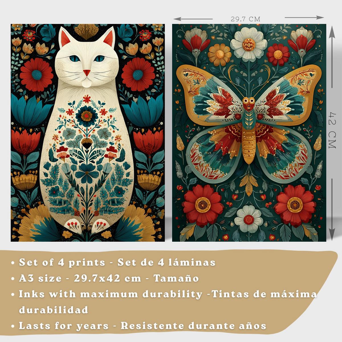 POSTER 4er-Set farbenfrohe Kunstdrucke im Folk-Art-Stil, Tiere und Blumen-Dekorationsbilder, im botanischen Stil für Wohnzimmer Weißer Rahmen A3 - Weiß, Papier (42/29.7/3cm) - Nacnic