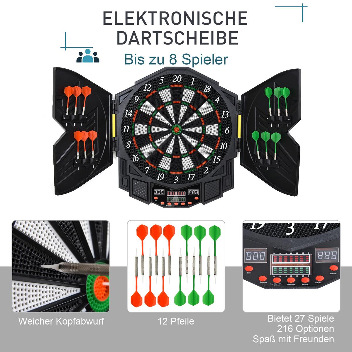 ELEKTRONISCHE Dartscheibe Dartboard mit Tür inkl. 4 LED 216 Spiele 12 Pfeile - Schwarz, Kunststoff (54.6/49cm) - HOMCOM