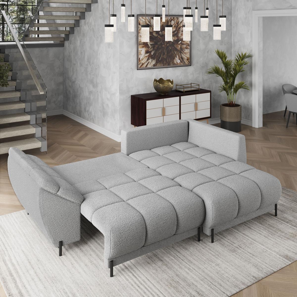 ECKSOFA VESTANO R-S Hellgrau Boucle-Stoff mit Schlaffunktion - Hellgrau, Holz (287/182cm) - MASSENO