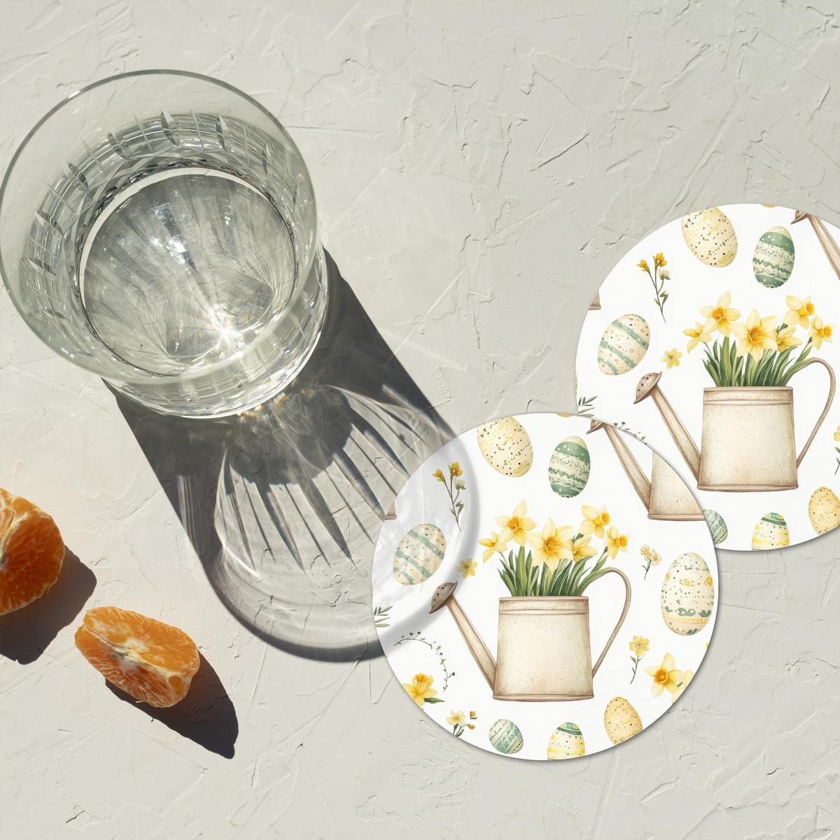 GLASUNTERSETZER Gießkanne - Blumen - Eier Tischset für Gläser 10x10 cm - Weiß, Naturmaterialien (10/0.2cm) - MuchoWow