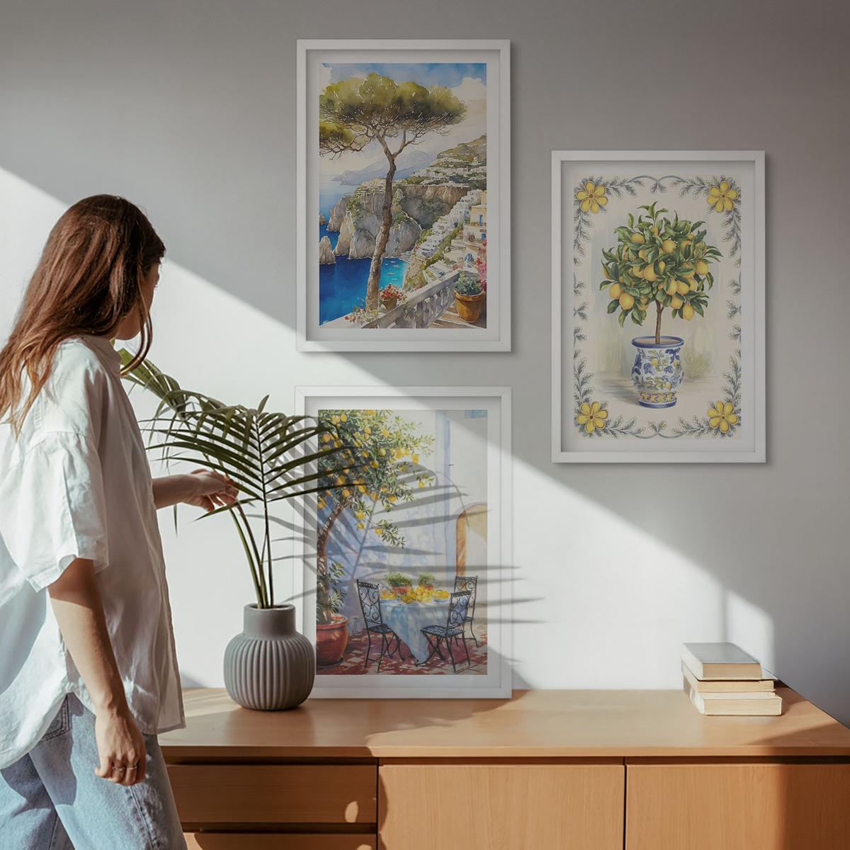 BILDER SET 3er Set - 40x60 cm Weißer Rahmen - Blick auf das Meer aus Zitronenbäumen - Weiß, Kunststoff (40/60cm) - TULUP