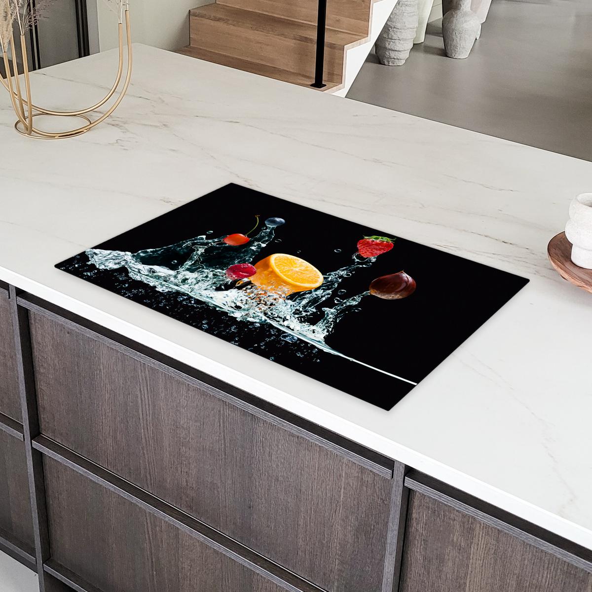 HERDABDECKPLATTE Wasser - Obst - Orange - Erdbeere - Kirsche - Schwarz Ceranfeldabdeckung 85x52 cm - Orange, Kunststoff (85/52/0.2cm) - MuchoWow