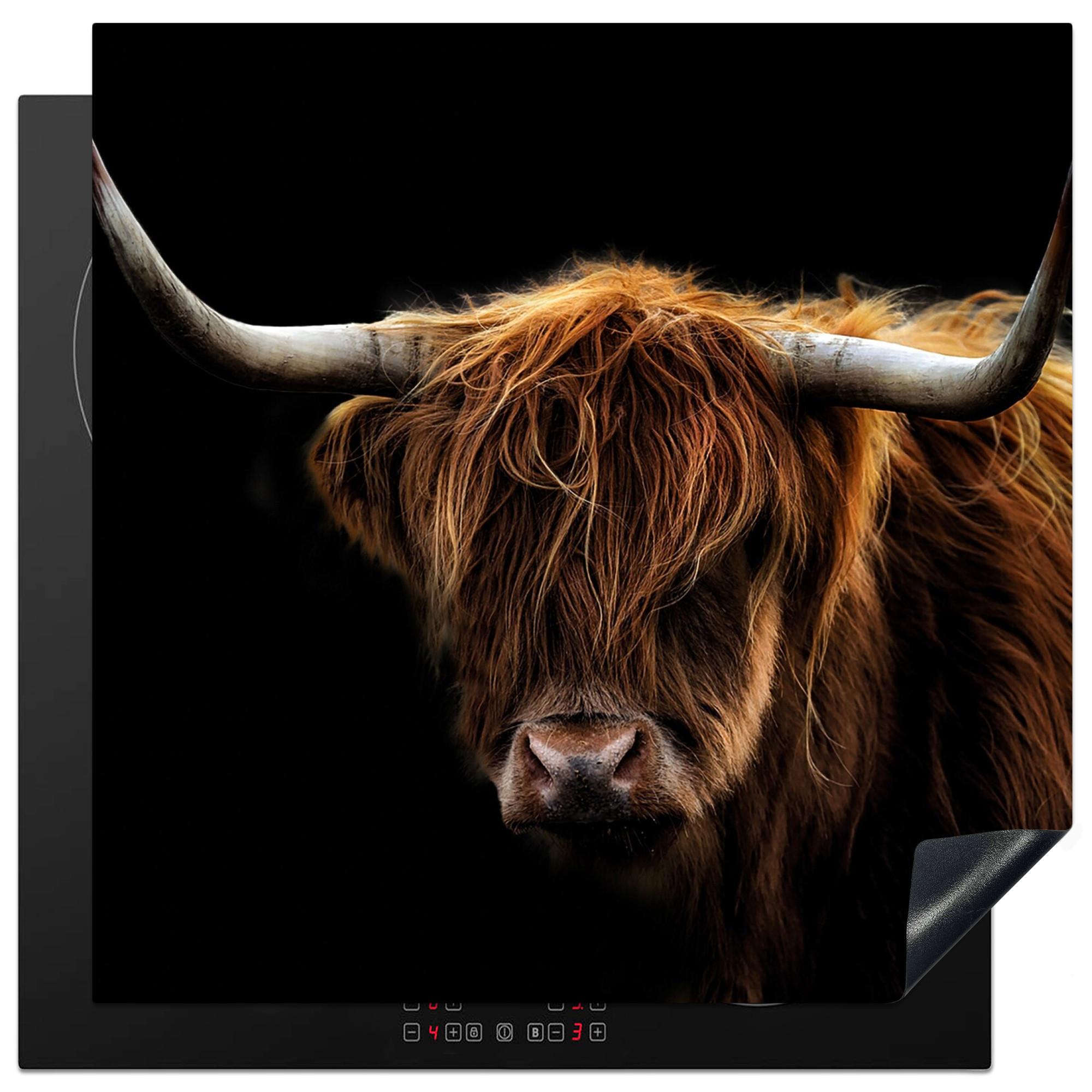 HERDABDECKPLATTE Schottischer Highlander - Hörner - Schwarz - Tiere - Natur - Wild - Kuh Induktionsmatte 78x78 cm - Cognac, Kunststoff (78/78/0.2cm) - MuchoWow