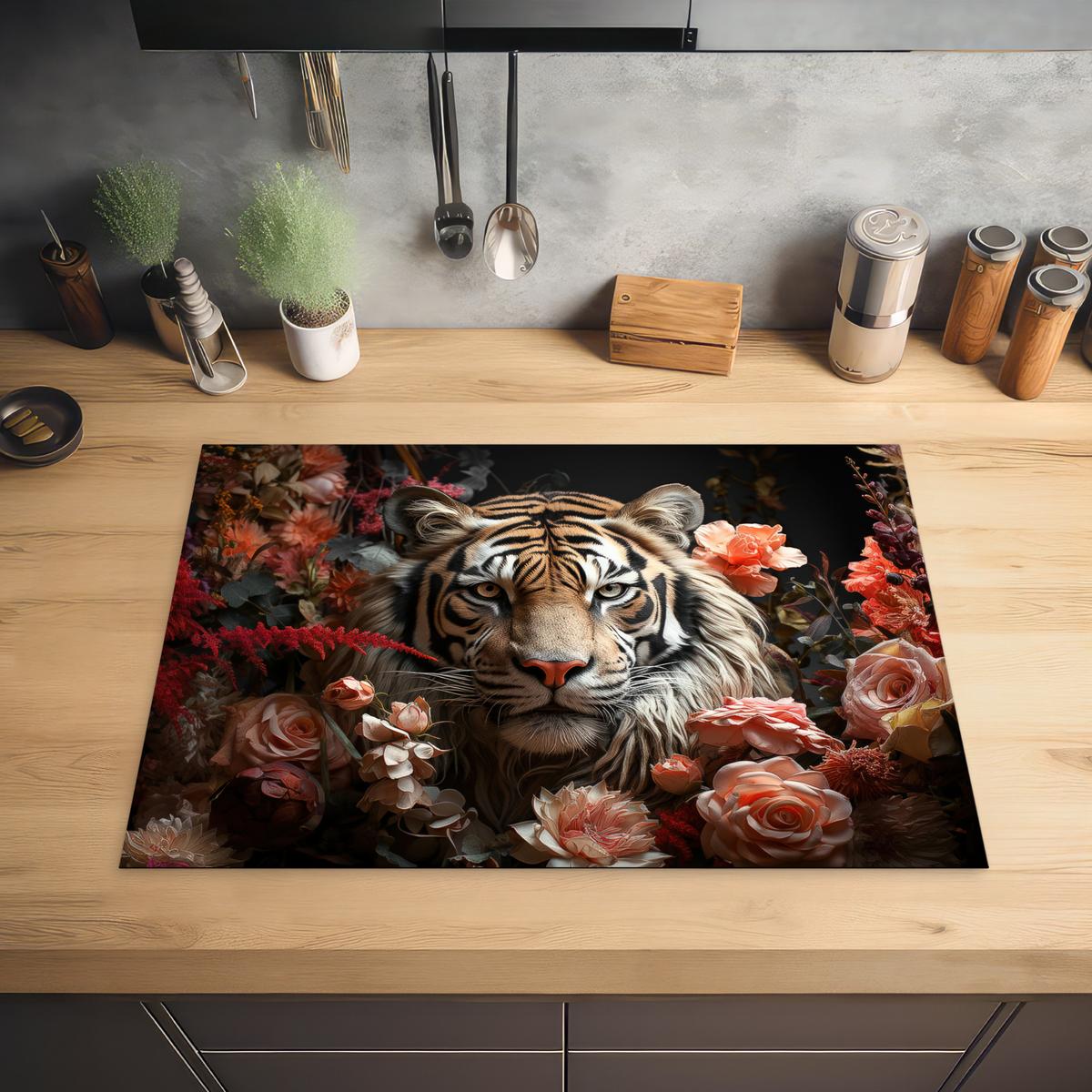 HERDABDECKPLATTE Tiger - Tier - Natur - Floral - Botanisch Herdabdeckung Induktionsfeld 75x52 cm - Orange, Kunststoff (75/52/0.2cm) - MuchoWow