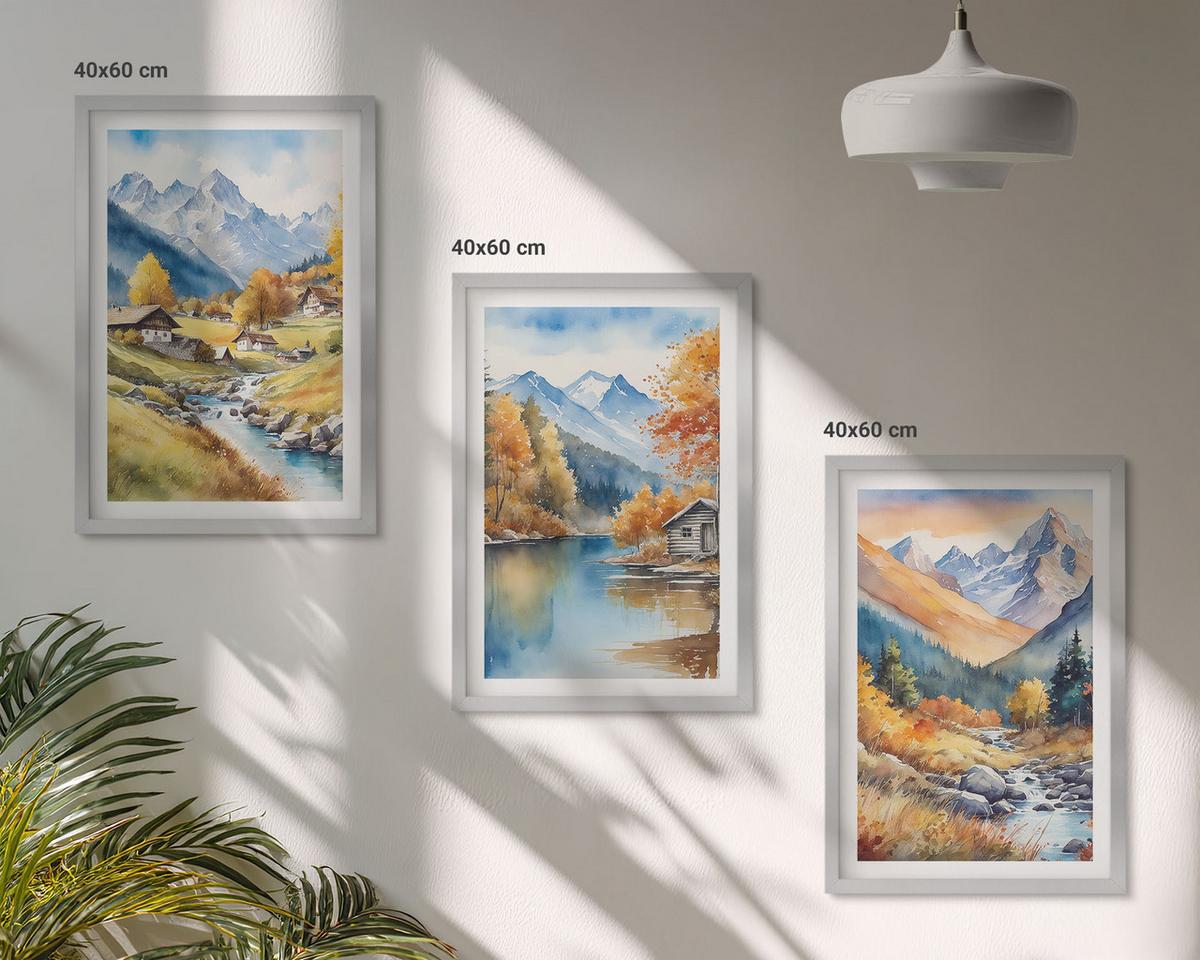 BILDER SET 3er Set - 40x60 cm Silberner Rahmen - Herbstliche Berge, Flusshäuser - Silberfarben, Kunststoff (40/60cm) - TULUP