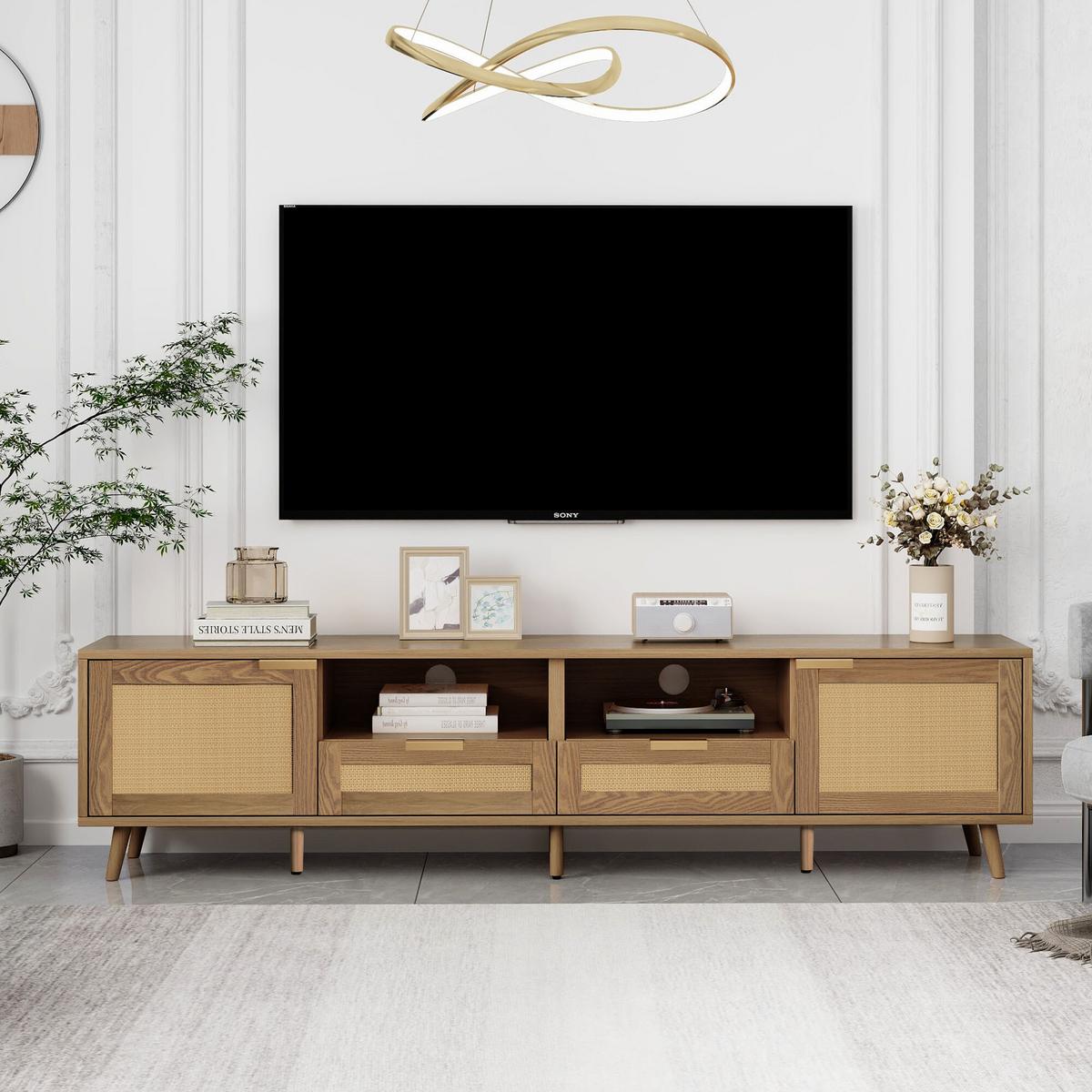 TV STOLÍK Z RATANU – nohy z masívneho dreva – 200 x 37 x 49 cm - Braun, Holz (37/49/200cm) - Urban Meuble