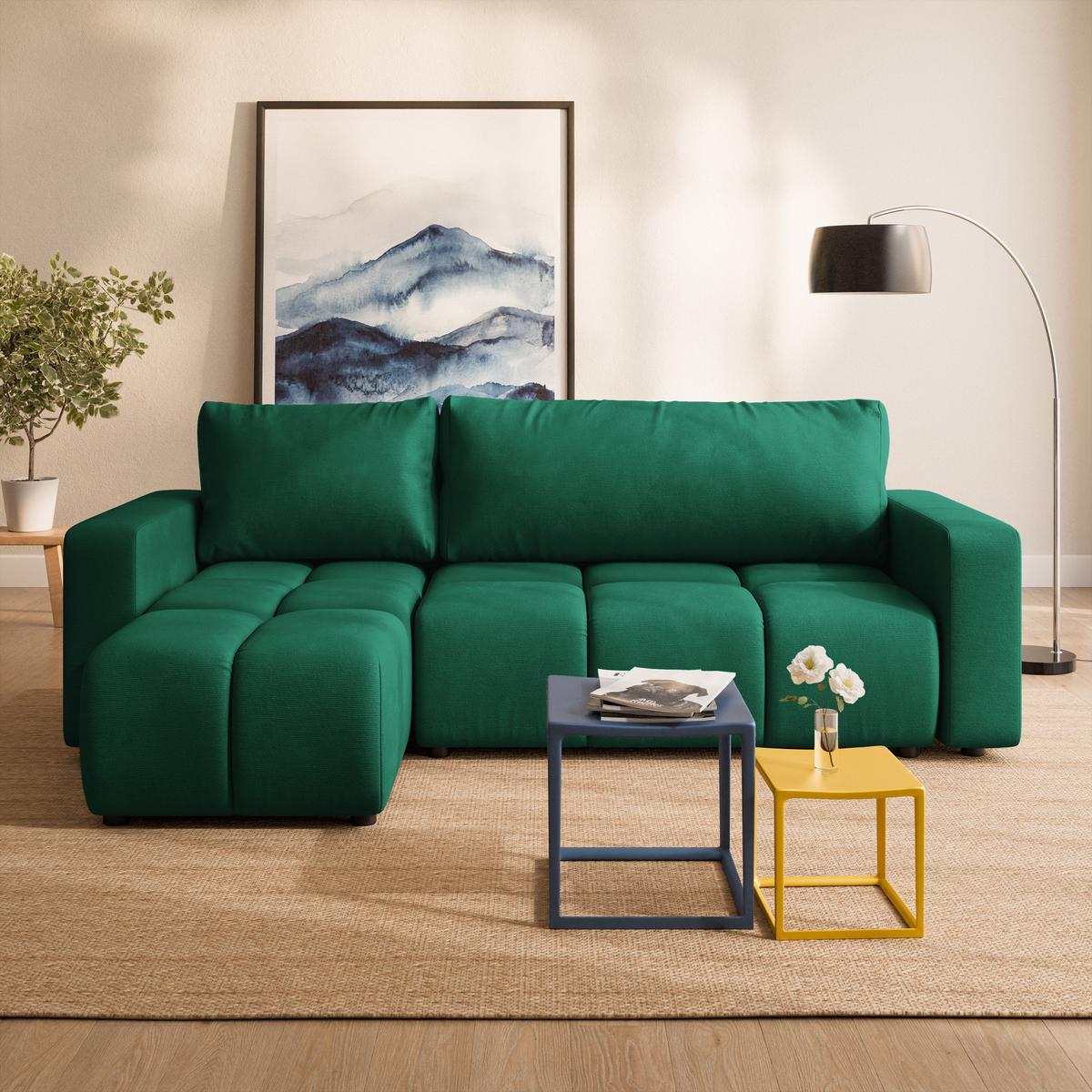 ECKSOFA RAMIL Grün Plüsch-Stoff mit Schlaffunktion - Grün, Holz (240/149cm) - MASSENO