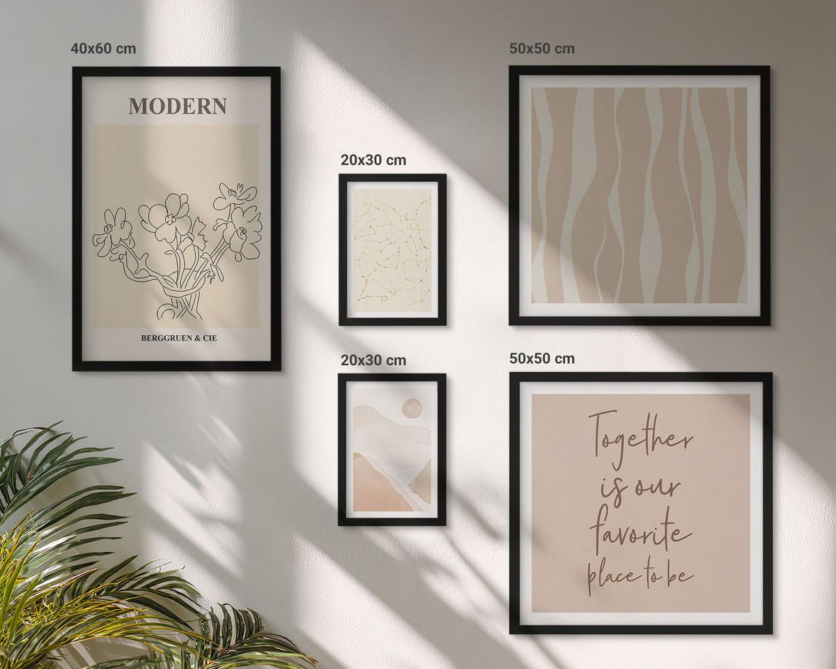 BILDER SET 5er Set - 50x50 cm & 20x30 cm & 40x60 cm Schwarzer Rahmen - Abstrakte Formen und Farben - Schwarz, Kunststoff (40/60cm) - TULUP
