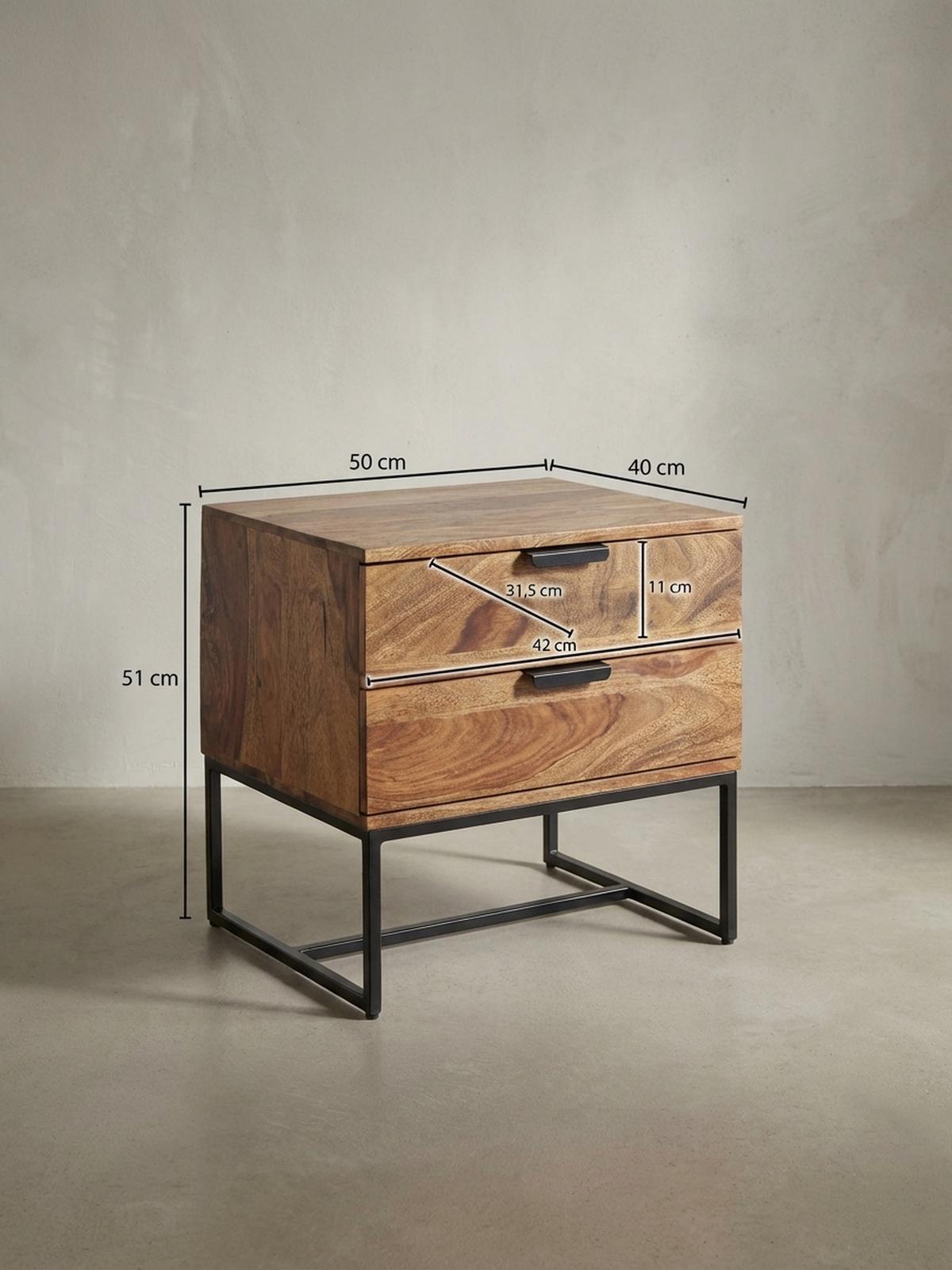 NACHTTISCH – Massivholz/Eisen, 50x40x51 cm, 2 Schubladen, Industrial-Stil - Schwarz/Braun, Holz/Metall (50/51/40cm) - KADIMA DESIGN