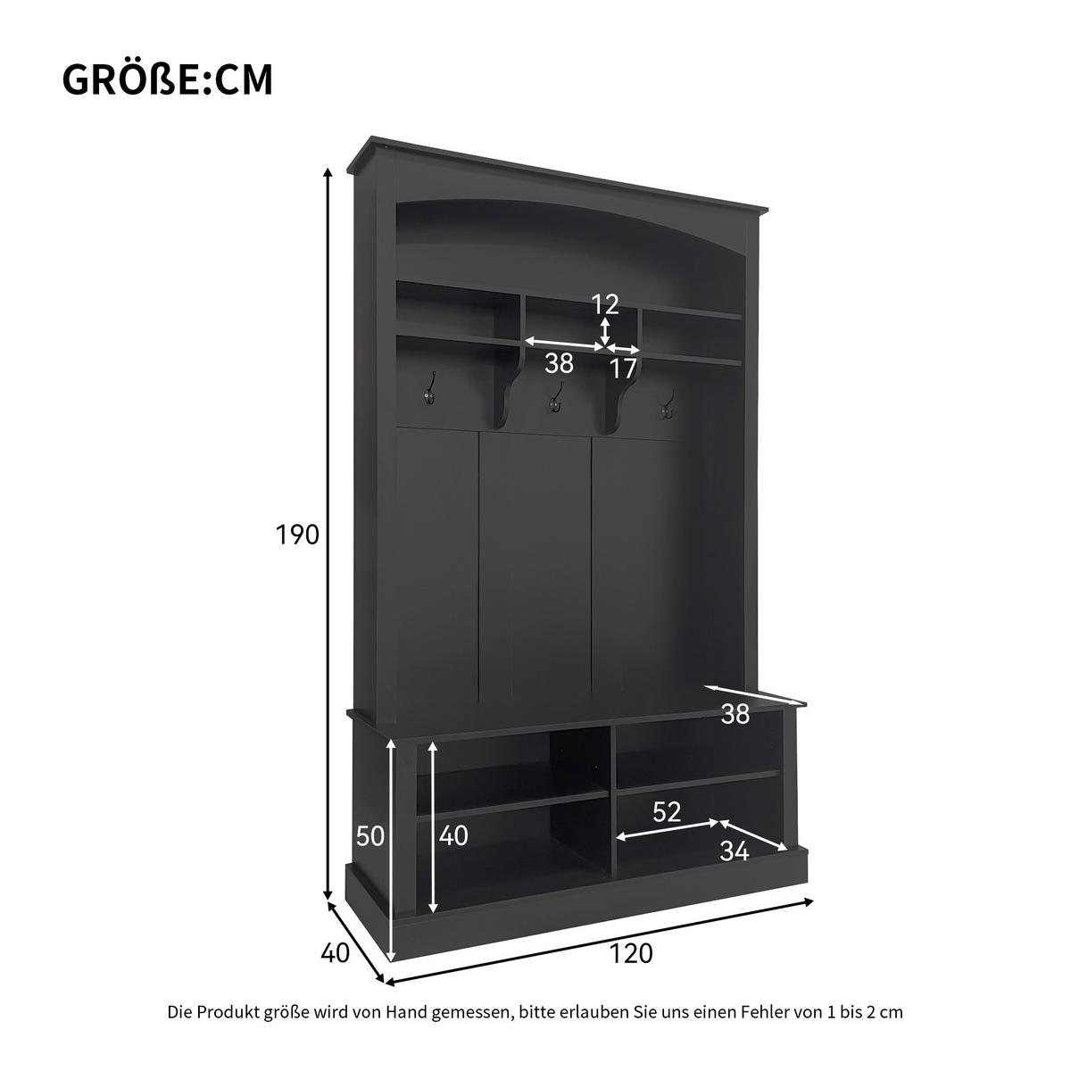 GARDEROBEN-SET in Schwarz 3-in-1 Lösung mit Schuhbank & verstellbaren Ablagen - Schwarz, Holzwerkstoff (120/190/40cm) - Urban Meuble