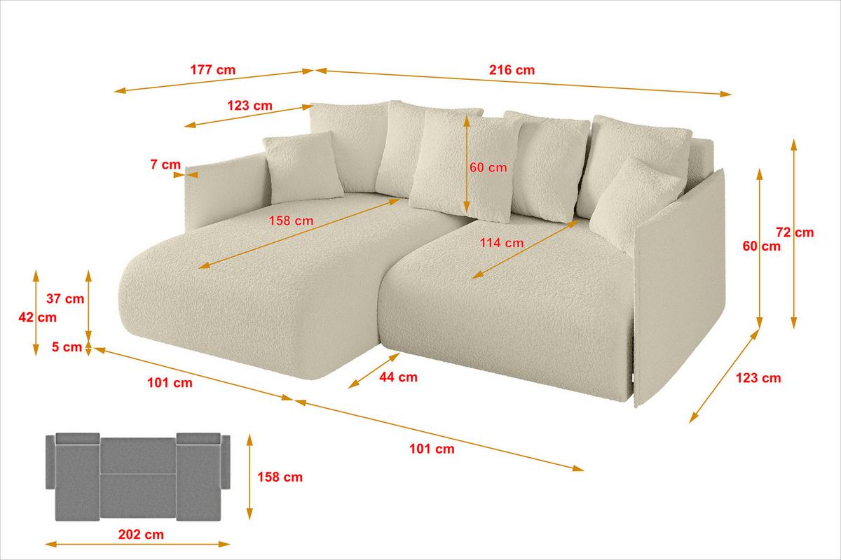 ECKSOFA Ottomane links ONESK-L 216x177x72 Beige Bouclé - Hellbraun/Beige, Holzwerkstoff/Kunststoff (216/177cm) - ALTDECOR