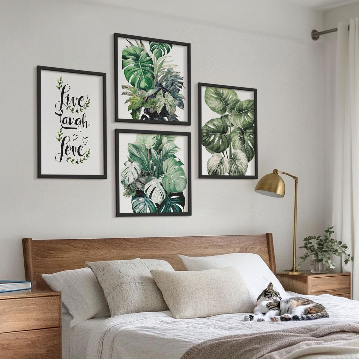 BILDER SET 4er Set - 50x50 cm & 40x60 cm Schwarzer Rahmen - Blattpflanzen leben, lachen, lieben - Schwarz, Kunststoff (50/50cm) - TULUP