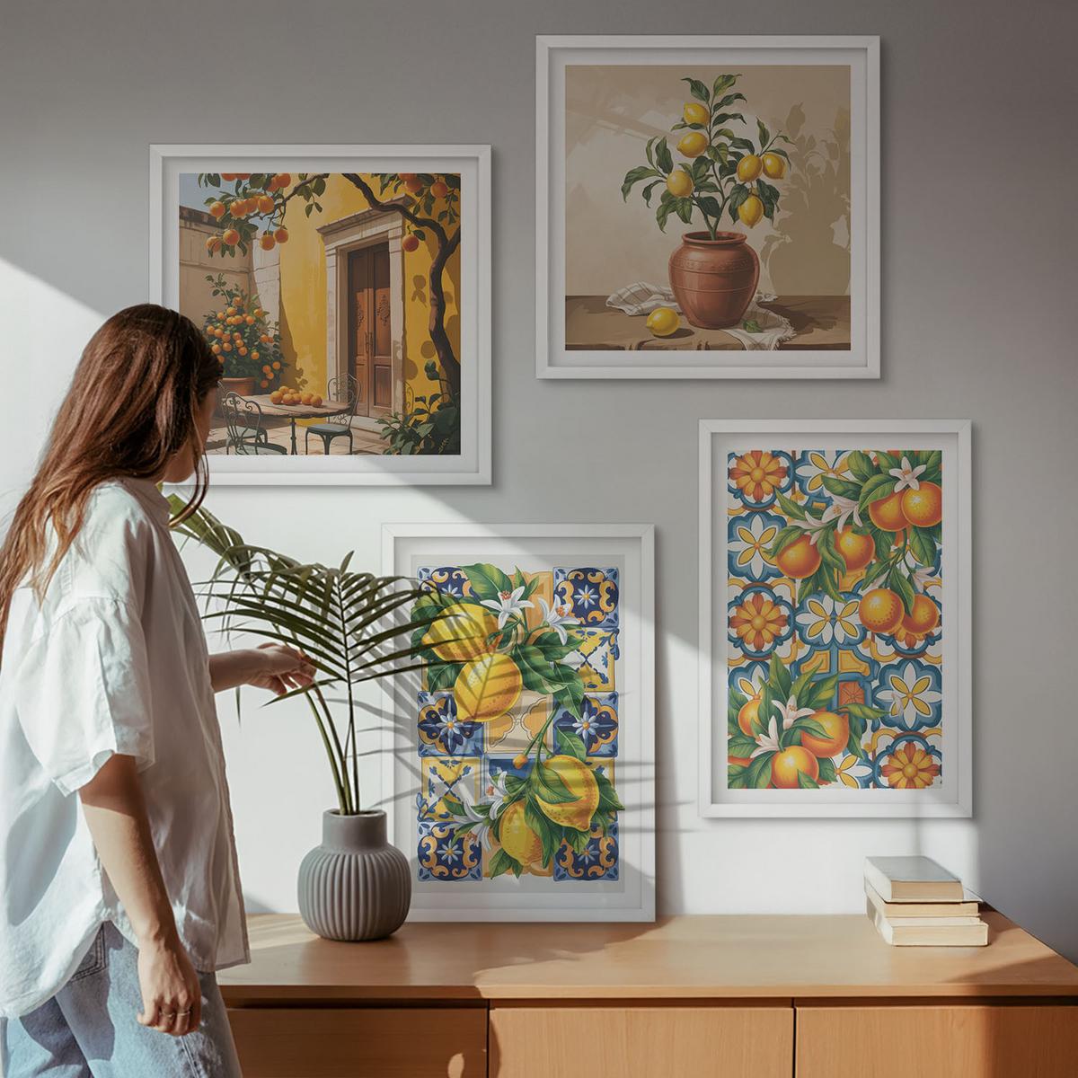 BILDER SET 4er Set - 50x50 cm & 40x60 cm Weißer Rahmen - Zitronenorange Blütenmuster - Weiß, Kunststoff (50/50cm) - TULUP