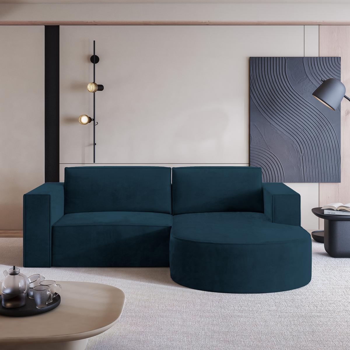 ECKSOFA SORELA M R-S Blau Velours-Stoff mit Schlaffunktion - Blau, Holz (263/174cm) - MASSENO