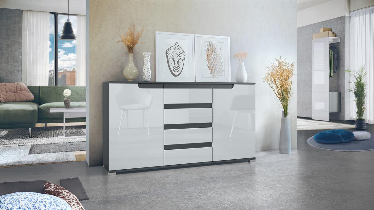 SIDEBOARD Sylt Weiß Hochglanz / Anthrazit matt - Weiß Hochglanz/Anthrazit, Holzwerkstoff (138.5/75.5/35cm) - Vladon