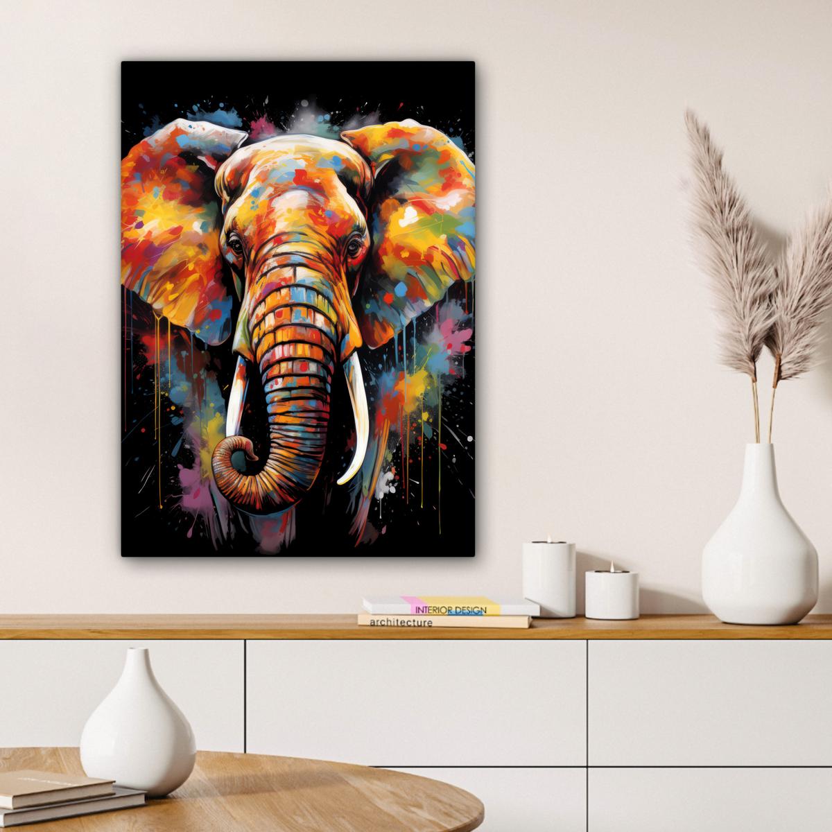 LEINWANDBILD Elefant - Graffiti - Schwarz - Tiere - Farben Wandbild Wohnzimmer 60x80 cm - Schwarz, Textil (60/80cm) - MuchoWow