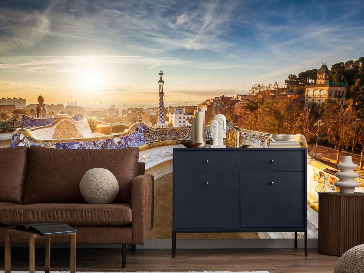 FOTOTAPETE für Wohnzimmer Sonnenaufgang Barcelona Denkmäler 300x210 - Gelb/Beige, Papier (300/210cm) - Muralo
