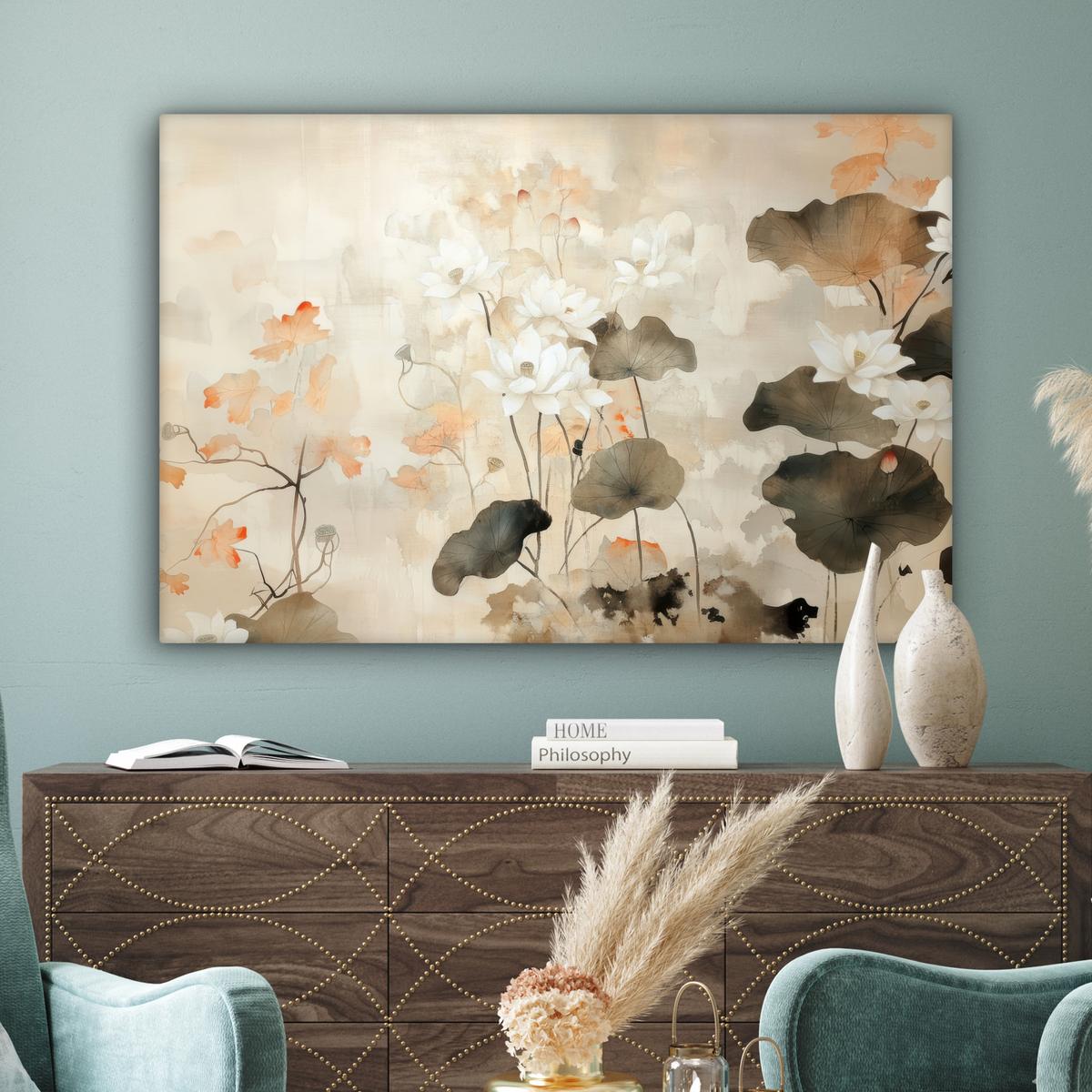 LEINWANDBILD Blumen - Japandi - Wabi sabi Wohnzimmer Groß 120x80 cm - Sandfarben, Textil (120/80cm) - MuchoWow
