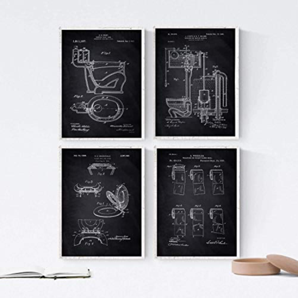 POSTER Set mit 4 Schwarz Badezimmer Patent A4 Schwarzer Rahmen - Schwarz, Papier (29.7/3cm) - Nacnic