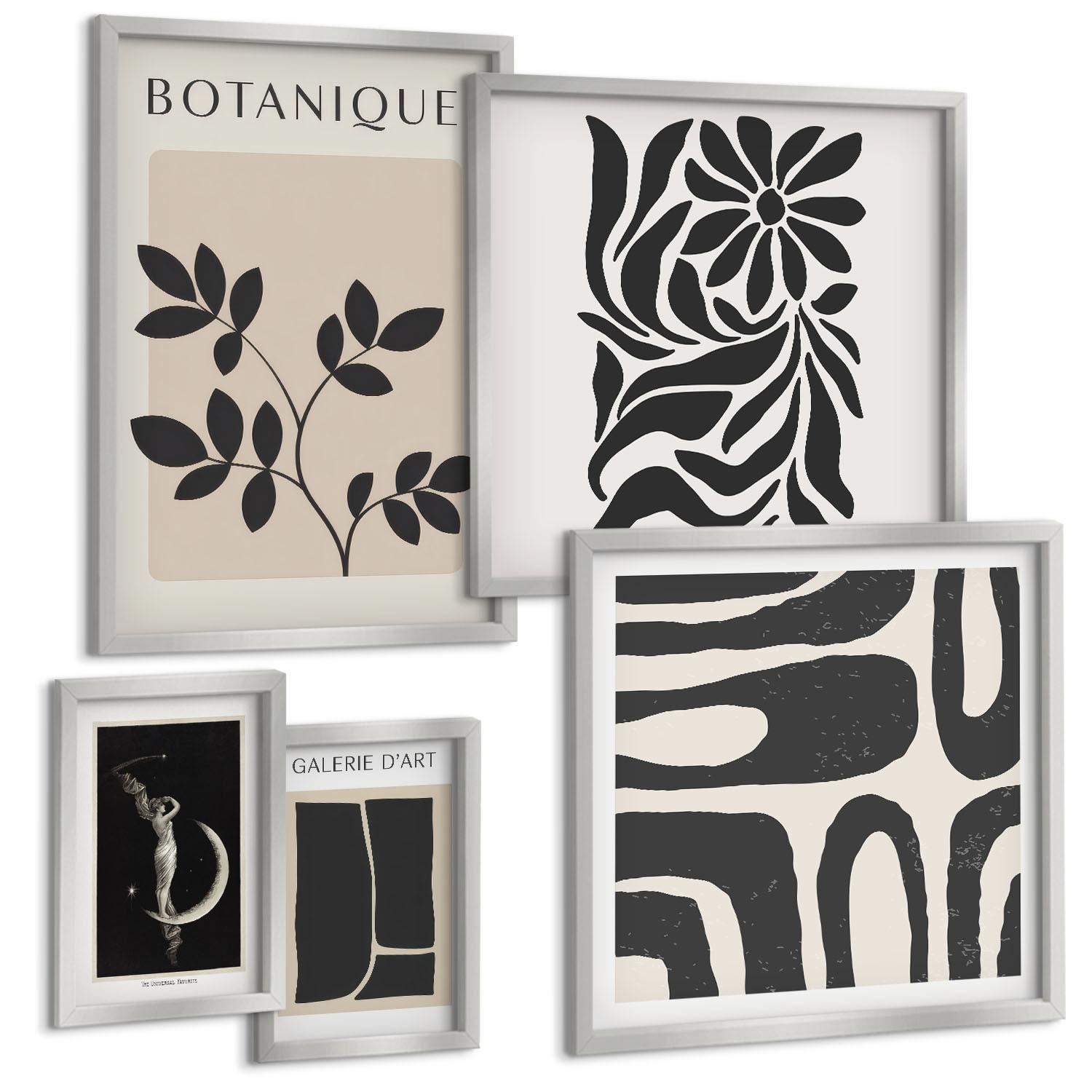 BILDER SET 5er Set - 50x50 cm & 20x30 cm & 40x60 cm Silberner Rahmen - Abstrakte Pflanzenmuster - Silberfarben, Kunststoff (40/60cm) - TULUP