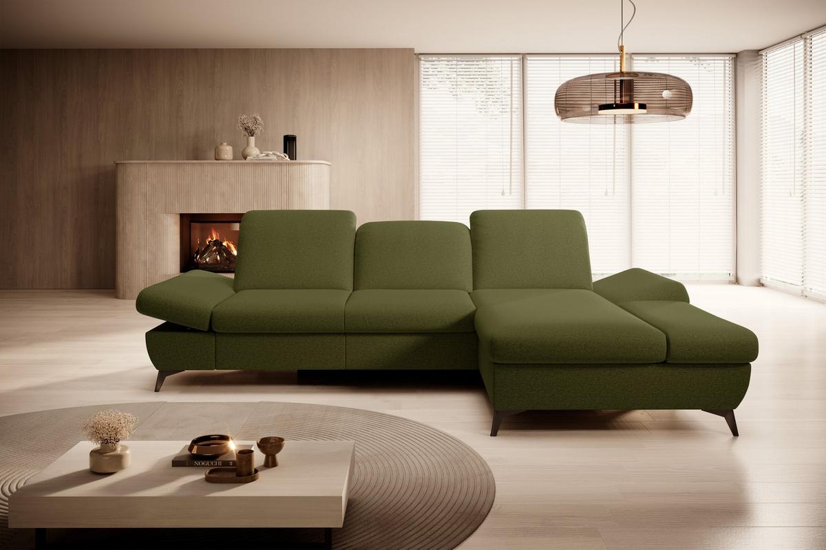 ECKSOFA FELICE R-S Grün Geflochtener Stoff mit Schlaffunktion - Grün, Holz (284/166cm) - MASSENO
