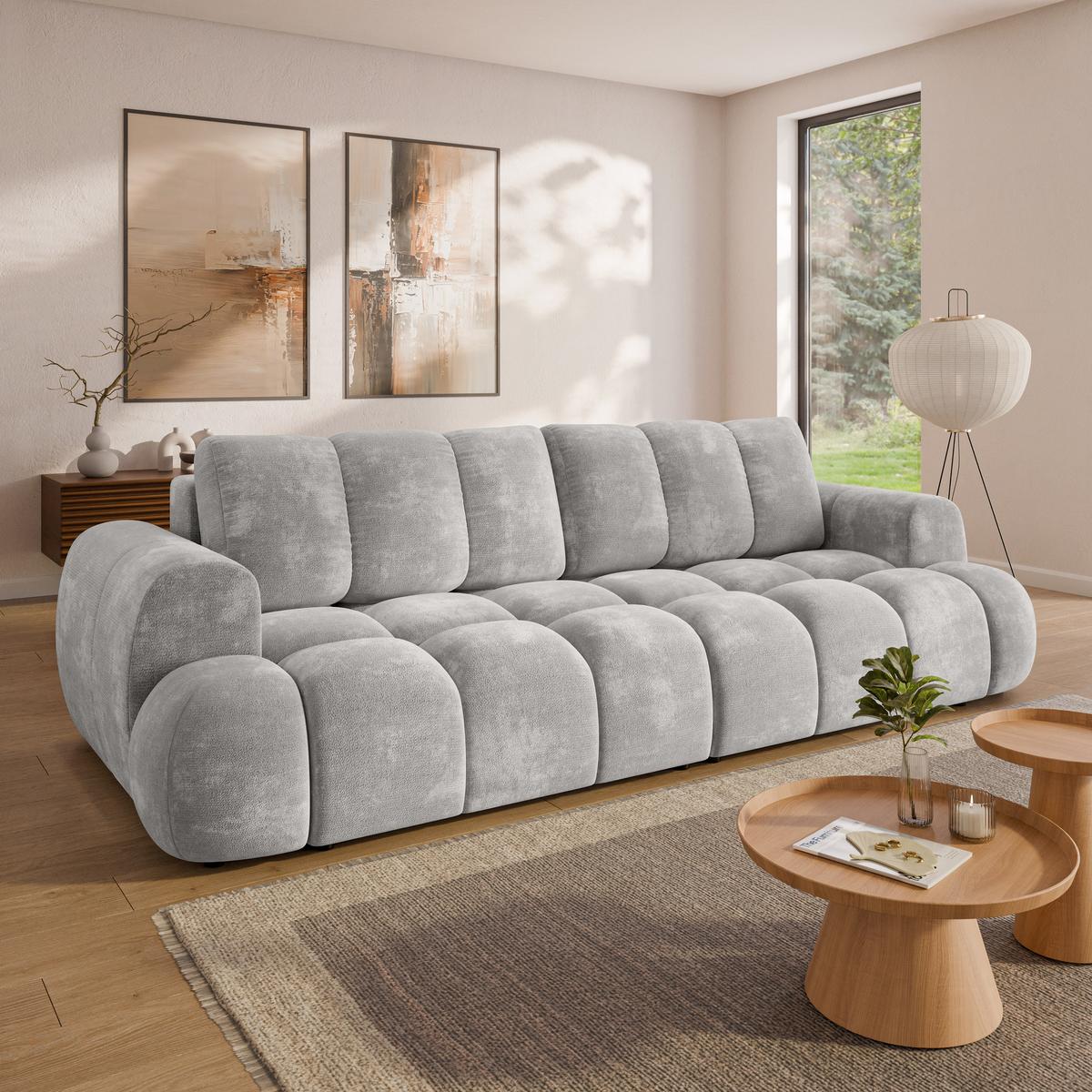 BETTSOFA DAFNE Hellgrau Chenille-Stoff mit Schlaffunktion - Hellgrau, Textil (300/88/113cm) - MASSENO