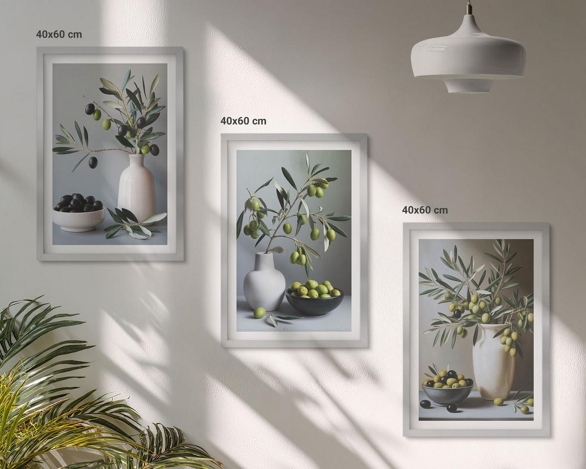 BILDER SET 3er Set - 40x60 cm Silberner Rahmen - Oliven in schlichten Vasen - Silberfarben, Kunststoff (40/60cm) - TULUP