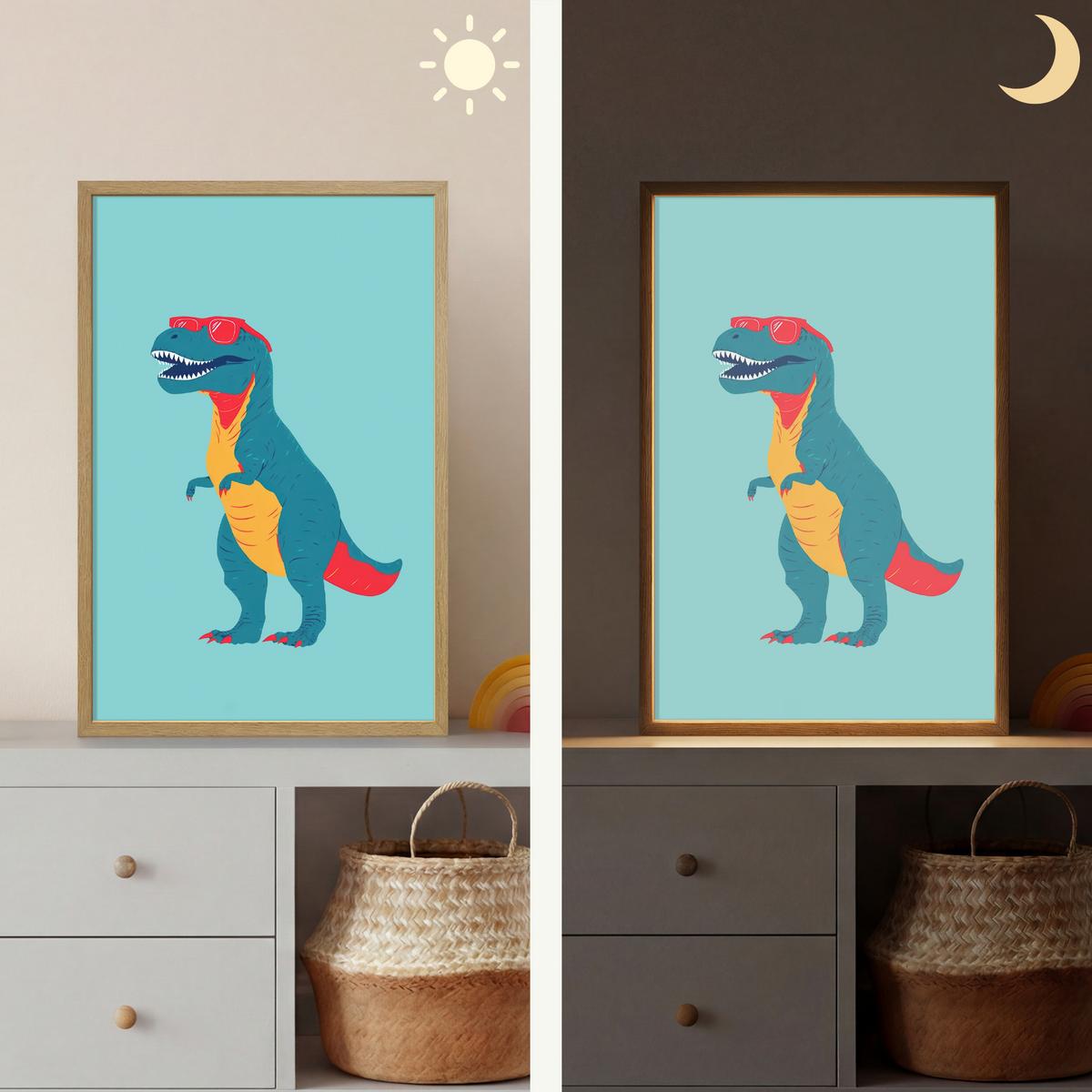 WANDLEUCHTE MIT AKKU Dinosaurier - Blau - Sonnenbrille 40x60 cm - Hellblau, Holzwerkstoff (40/60/8cm) - OnlyWow
