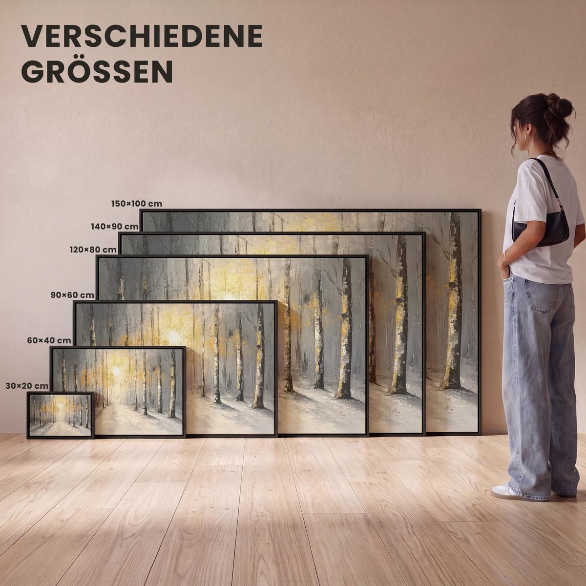 LEINWAND Bilder mit Rahmen - Winter - Abstrakt - Schnee - Natur - Sonne - 140x90 - Grau, Textil (140/90cm) - MuchoWow