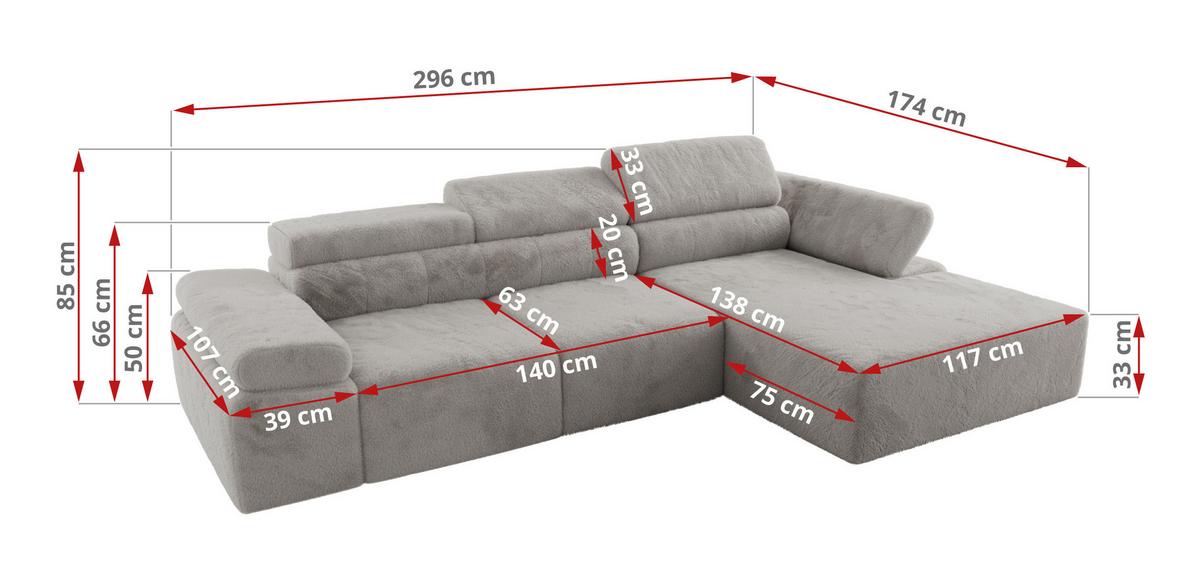 ECKSOFA RILASSO L Hellgrau Plüsch - rechts - Hellgrau/Schwarz, Kunststoff/Textil (174/296cm) - MKS