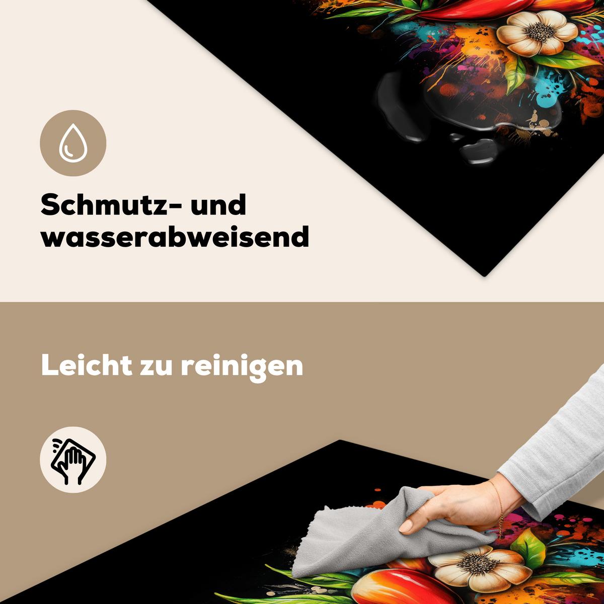 HERDABDECKPLATTE Gemüse - Paprika - Knoblauch - Graffiti - Farbe - Bunt Induktionsmatte 78x78 cm - Rot, Kunststoff (78/78/0.2cm) - MuchoWow