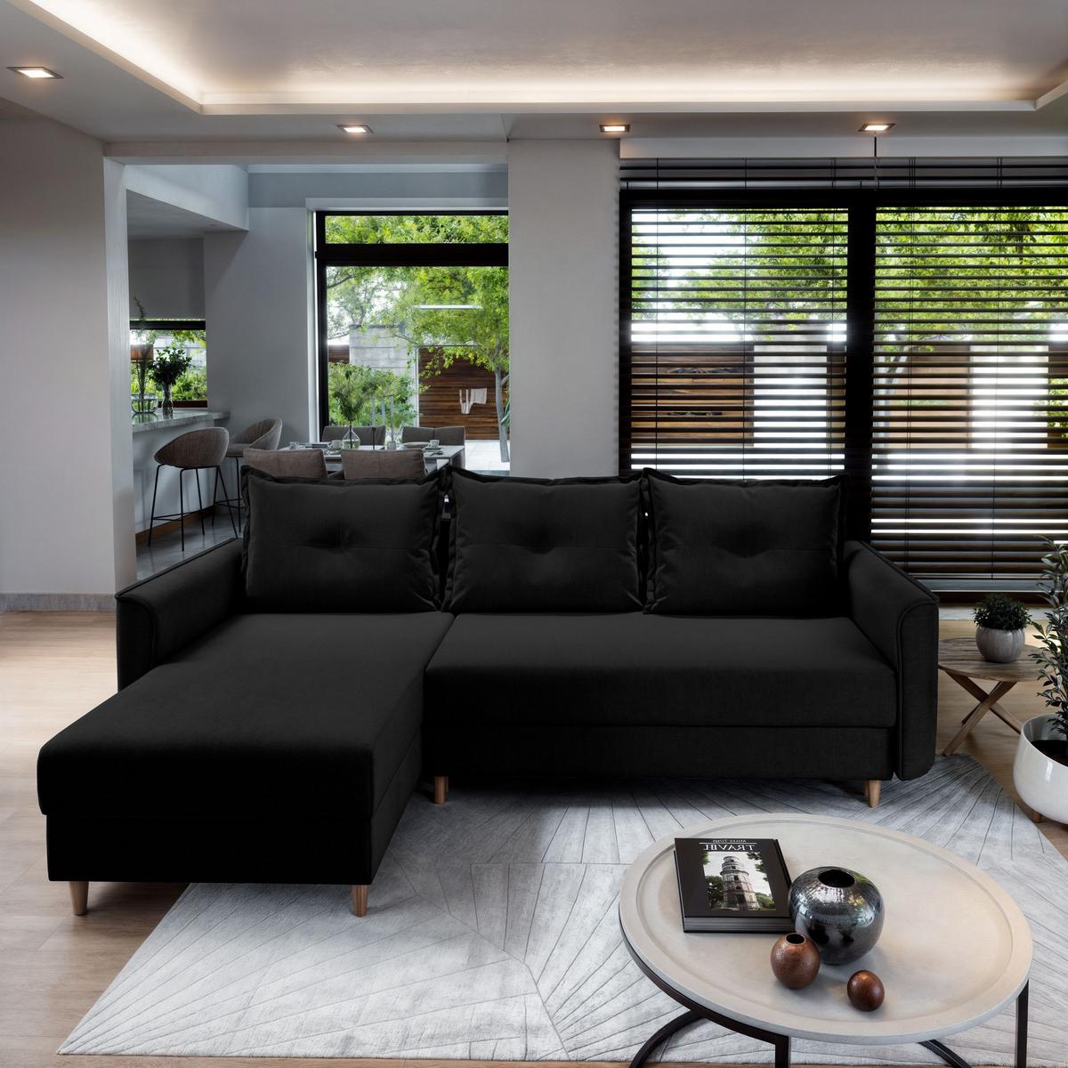 ECKSOFA PISAN R-S Schwarz Plüsch-Stoff mit Schlaffunktion - Schwarz/Braun, Holz/Textil (220/140cm) - MASSENO