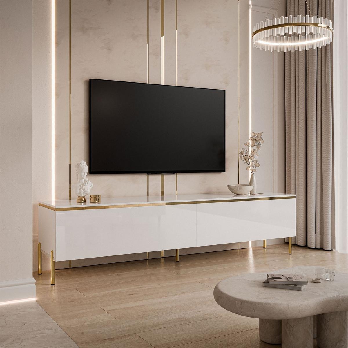 TV-LOWBOARD AURORA Weiß mit gerade Goldchrom Fuße - Weiß Hochglanz/Goldfarben, Holzwerkstoff/Metall (180/46/40cm) - Lookway