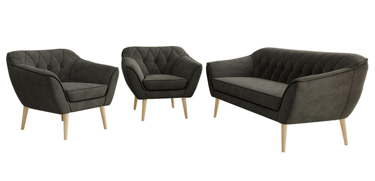 SITZGARNITUR PIRS 3+1+1 - Dunkelgrau Velvet - Holzbeine - Dunkelgrau/Buchefarben, Holzwerkstoff/Textil (180/75/74cm) - MKS