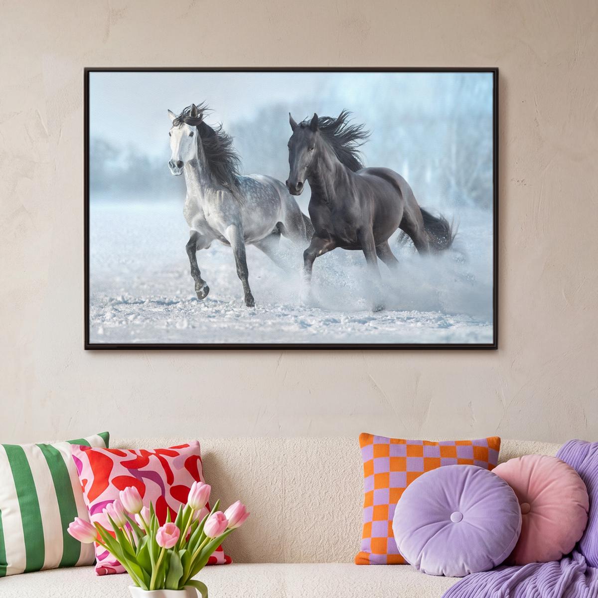 LEINWAND Bilder mit Rahmen - Pferde - Winter - Tiere - Natur - Schnee - 90x60 - Anthrazit, Textil (90/60cm) - MuchoWow