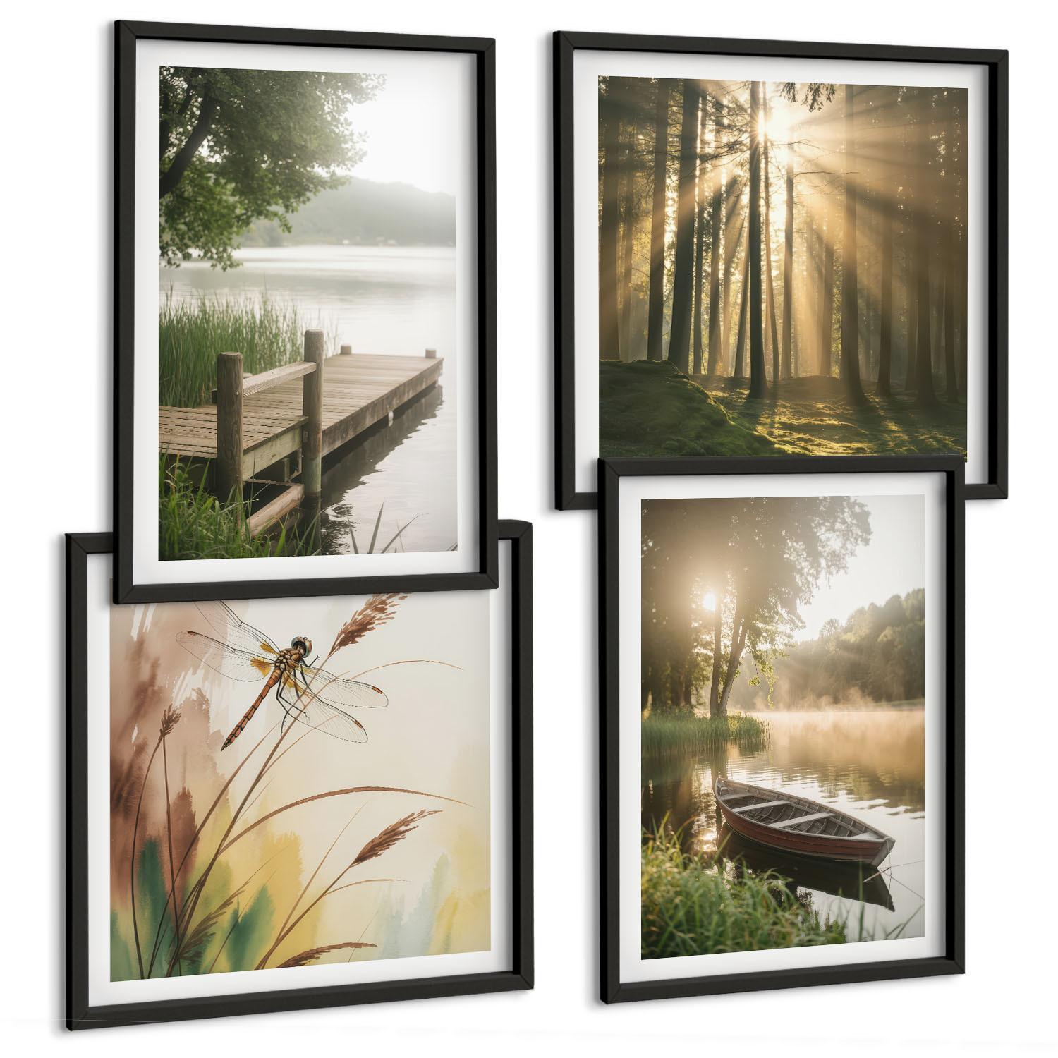 BILDER SET 4er Set - 50x50 cm & 40x60 cm Schwarzer Rahmen - See, Wald, Boot, Morgennebel - Schwarz, Kunststoff (50/50cm) - TULUP