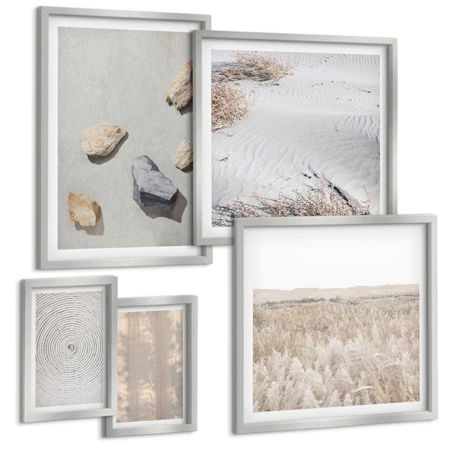 BILDER SET 5er Set - 50x50 cm & 20x30 cm & 40x60 cm Silberner Rahmen - Boho-Naturtexturen - Silberfarben, Kunststoff (40/60cm) - TULUP