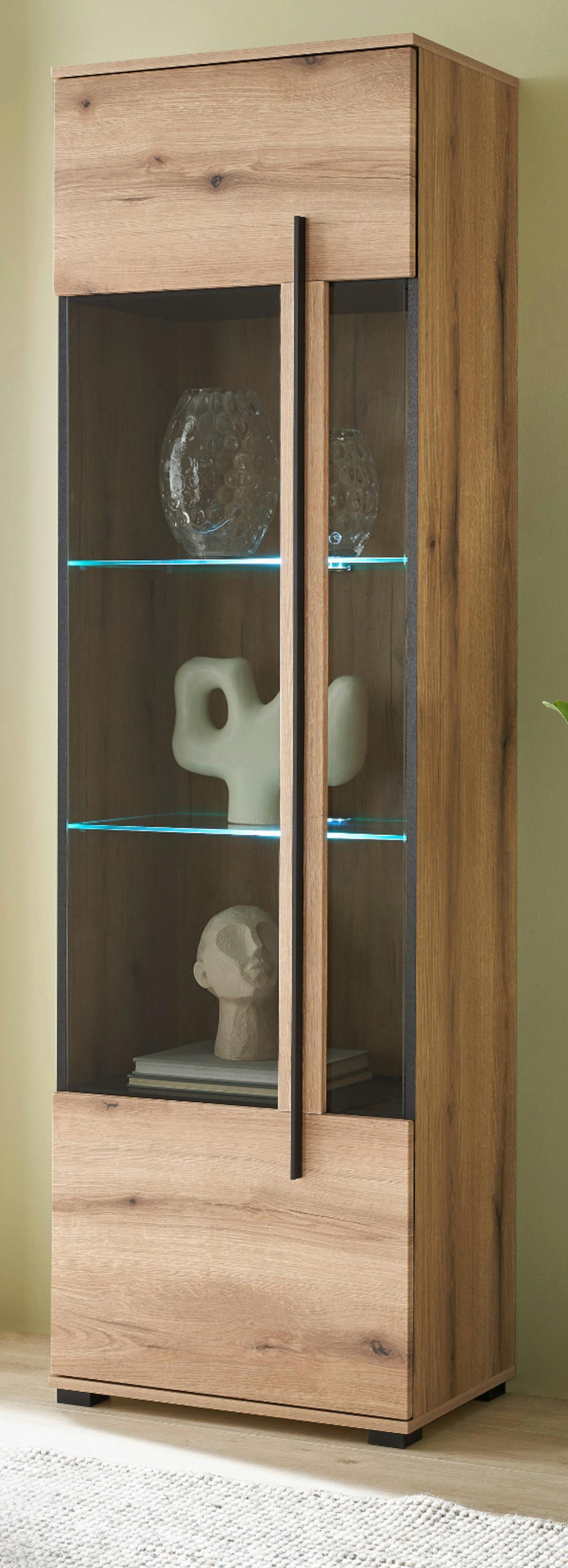 VITRINE Eiche Evoke, Vitrinenschrank 60 x 200 cm, Glas grau - Eichefarben/Schwarz, Glas/Holzwerkstoff (60/200/37cm) - Furn.Design