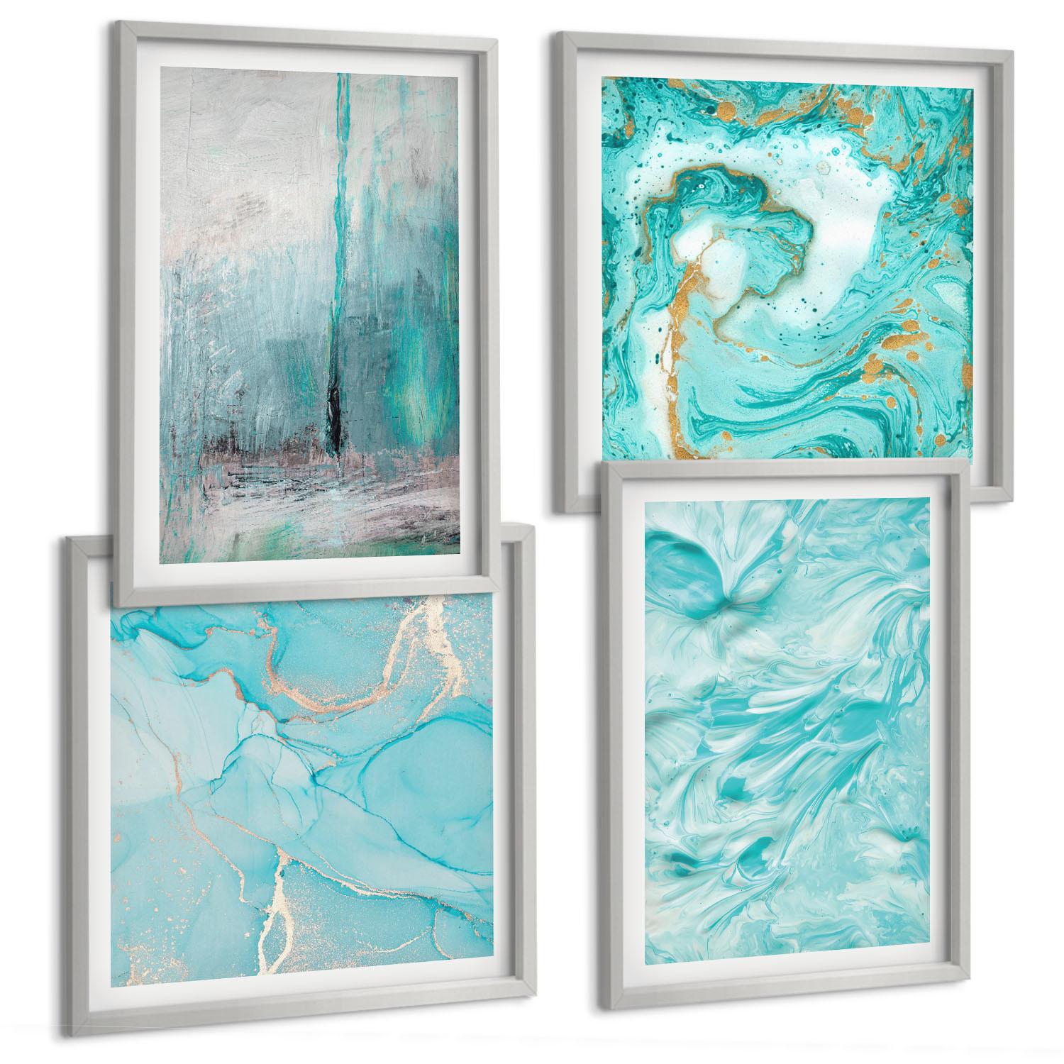 BILDER SET 4er Set - 50x50 cm & 40x60 cm Silberner Rahmen - abstrakte Muster in Blautönen - Silberfarben, Kunststoff (50/50cm) - TULUP