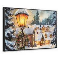 LEINWAND Bilder mit Rahmen - Weihnachtsdorf - Häuser - Schnee - Weihnachten - 140x90 - Sandfarben, Textil (140/90cm) - MuchoWow