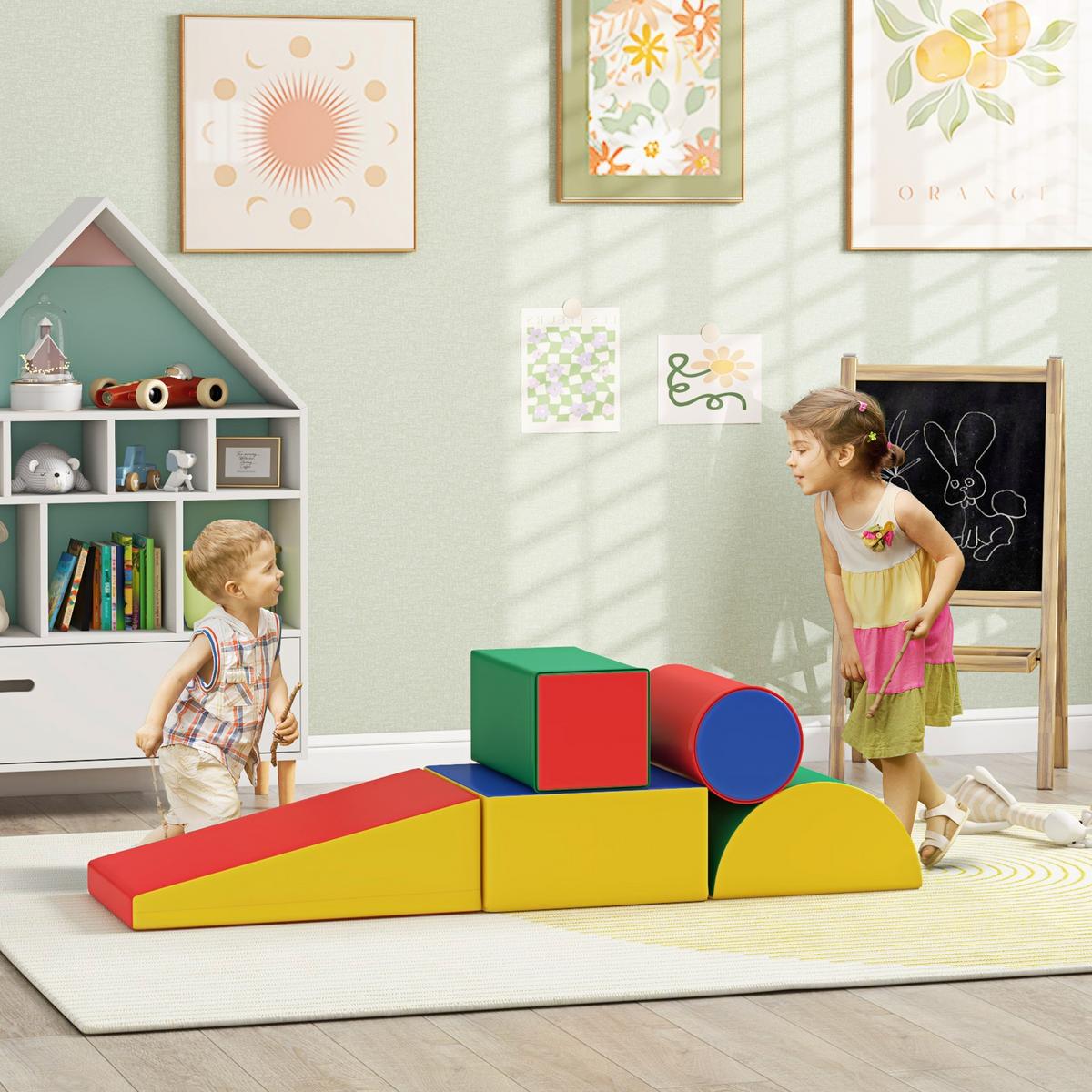 BAUSTEINSET 5er-Set Schaumstoff Bausteine Bauspielzeug für 1-3 Jahre alt Kinder - Multicolor, Textil (40.6/20.3/40.6cm) - HOMCOM